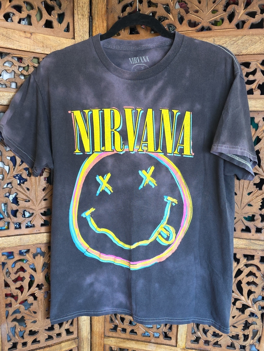 NIRVANA Black Tee with Neon Multi-Color Smiley Graphic